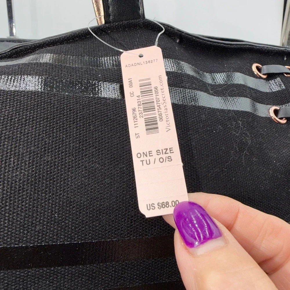 Victorias Secret Black Striped Lace Up Canvas Tote Bag Rose Gold Grommets NWT - Picture 4 of 11